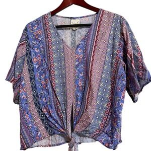 Cotton Rye Outfitters Blue Floral Boho Tie Front Crop Top Blouse Large L Rayon